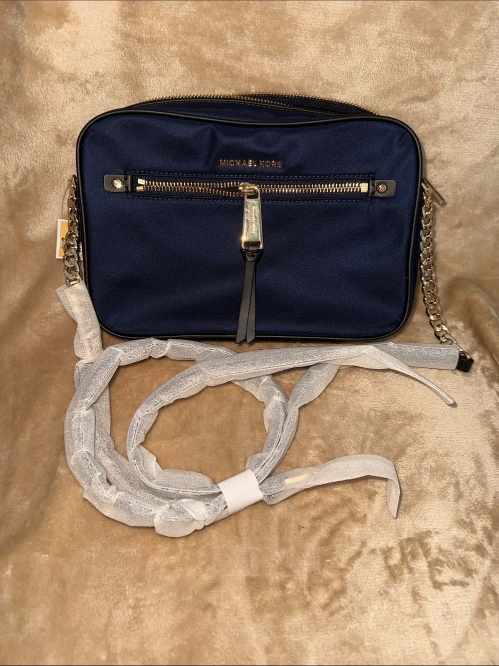 Michael Kors Navy and Gold Chain Crossbody Camera Bag